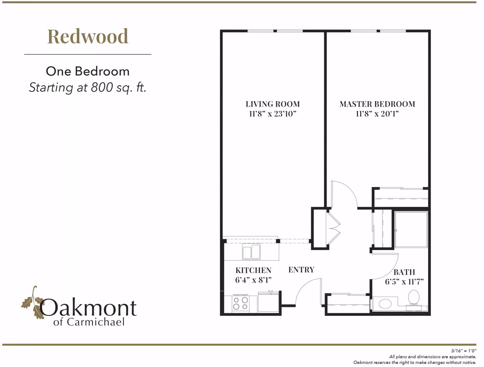 Floor plan diagram titled 'Redwood' for a one-bedroom layout showing living room, master bedroom, kitchen, entry, and bath.