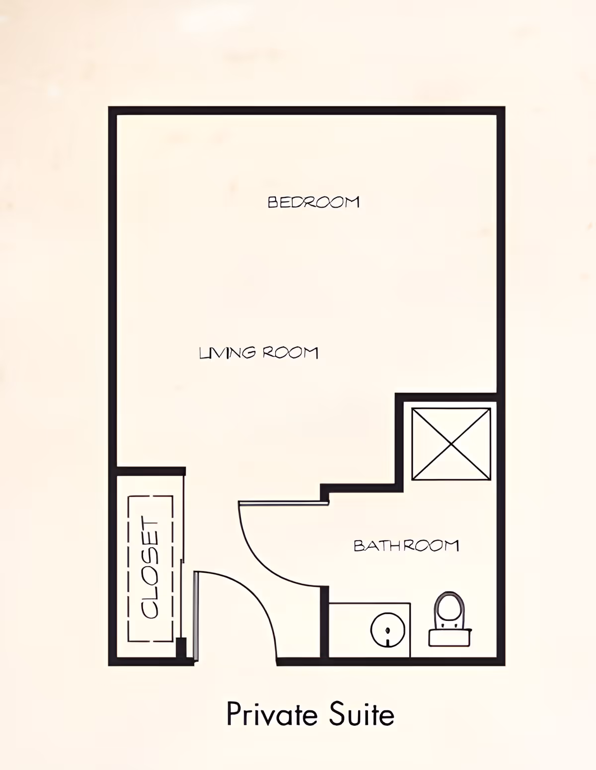 Floor plan of a private suite showing a bedroom, living room, bathroom with toilet and sink, and a closet near the entrance.