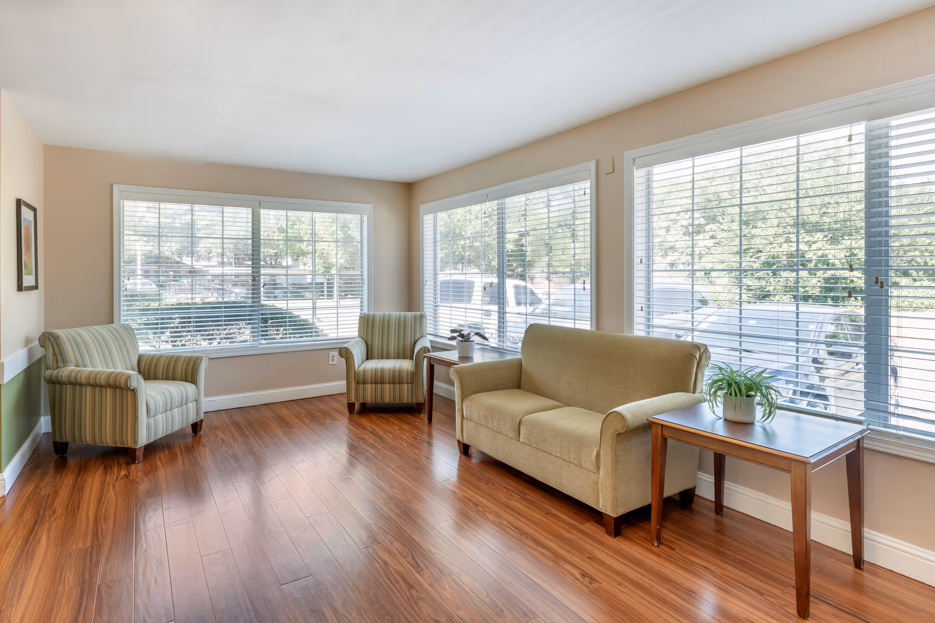 A bright sitting area with large windows covered by white blinds. The room has wooden flooring and beige walls. There are two striped armchairs, a beige loveseat, and two wooden side tables with potted plants on them. Outside the windows, cars and greenery are visible.
