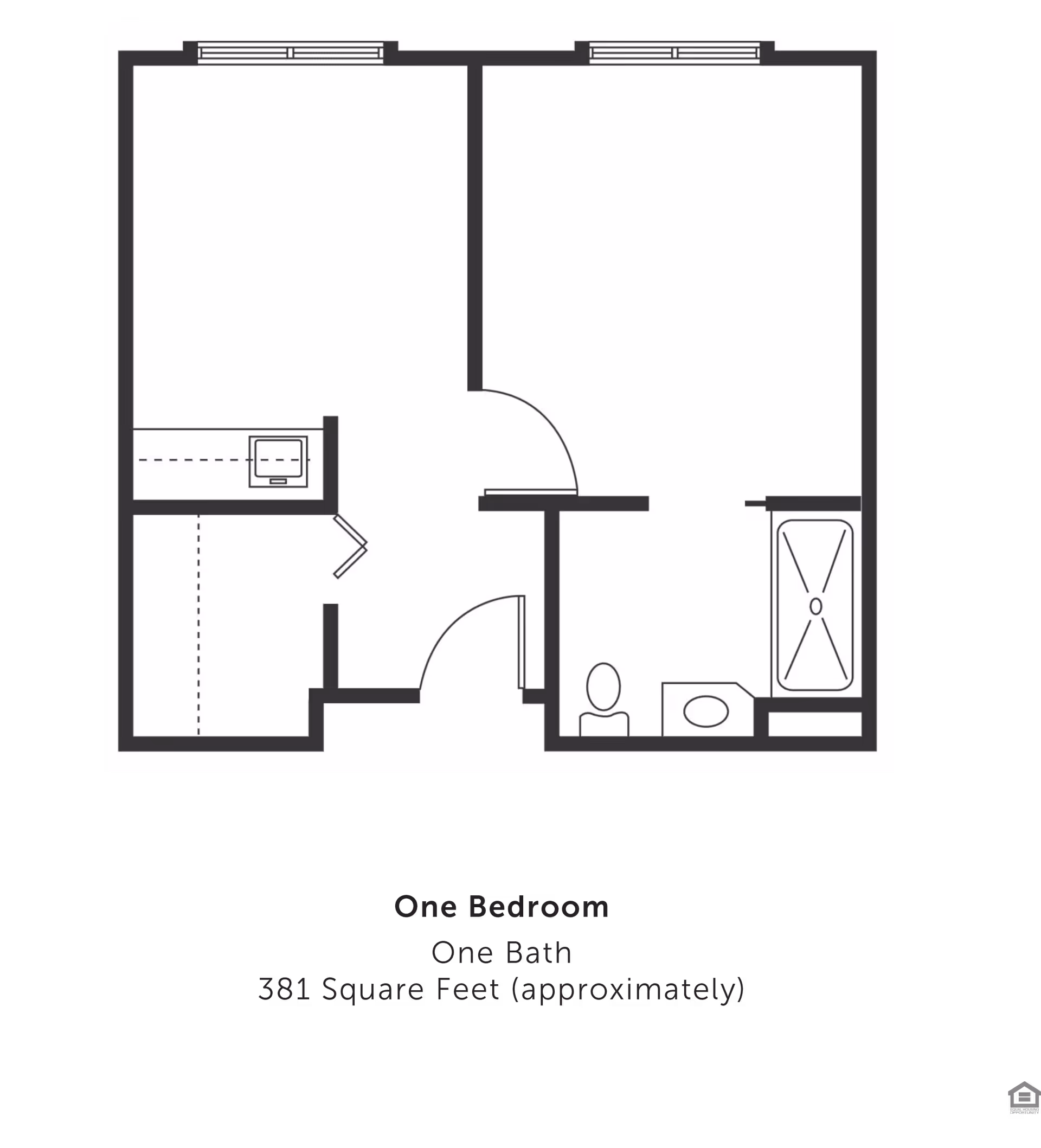 Floor plan of a one-bedroom, one-bath apartment with approximately 381 square feet. The layout includes a bedroom, a bathroom with a bathtub, toilet, and sink, and a combined living/kitchen area.