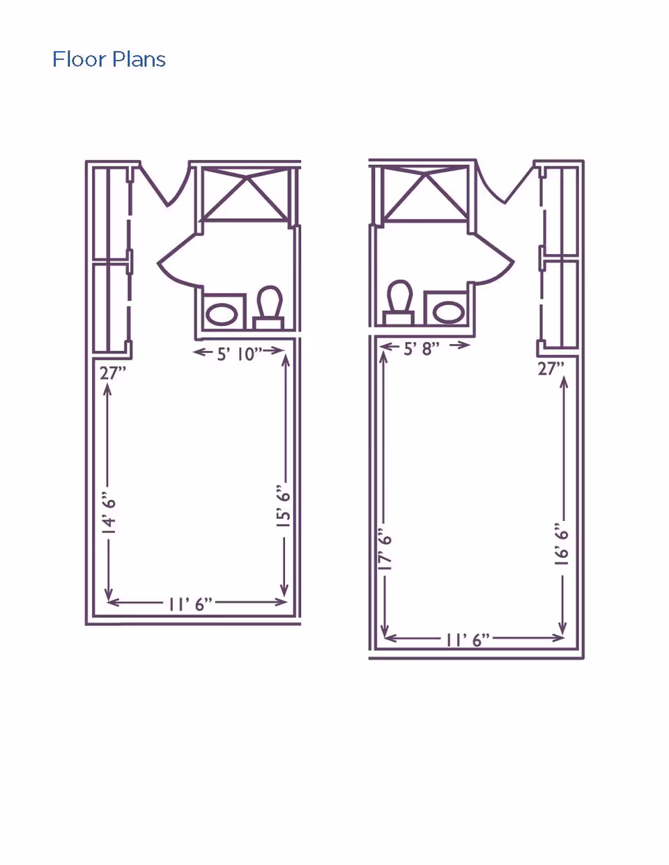 Two architectural floor plans showing room layouts with measurements. Each plan includes a small bathroom area with a toilet and sink, a closet, and a main room with dimensions labeled in feet and inches.