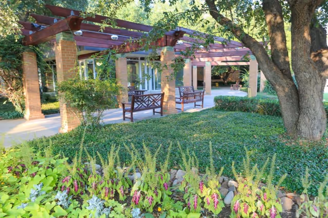 Outdoor garden area with lush greenery, flowering plants, and a large tree in the foreground. A covered patio with wooden beams and brick pillars features benches for seating.