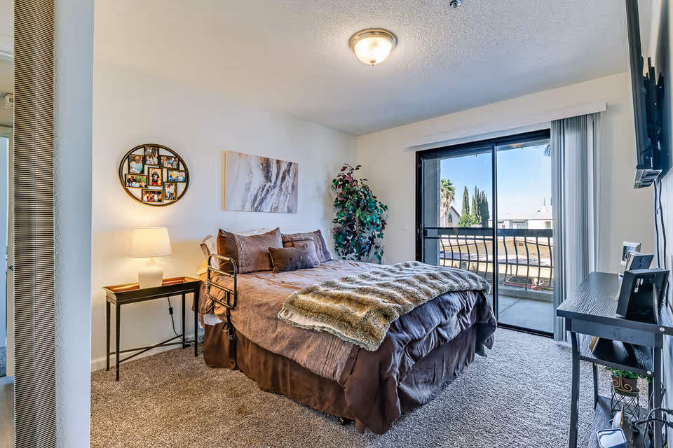A cozy bedroom with a large bed covered in brown bedding and a fur throw blanket. There is a bedside table with a lamp on the left side of the bed, a round photo collage frame and abstract artwork on the wall above the bed. A potted plant is placed in the corner near a sliding glass door that opens to a balcony with a view of trees and buildings outside. A TV is mounted on the right wall above a small black table with picture frames and other items.