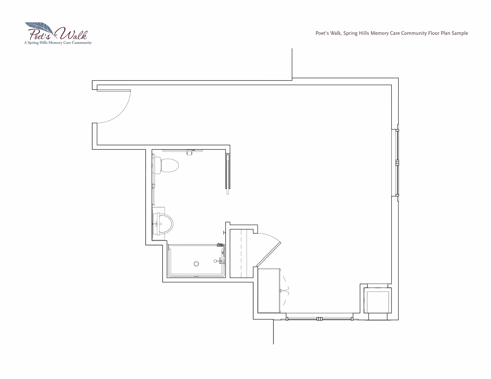 Architectural floor plan of a memory care community unit showing a layout with a bathroom including a toilet, sink, and shower, and an adjoining larger room with windows and a closet.