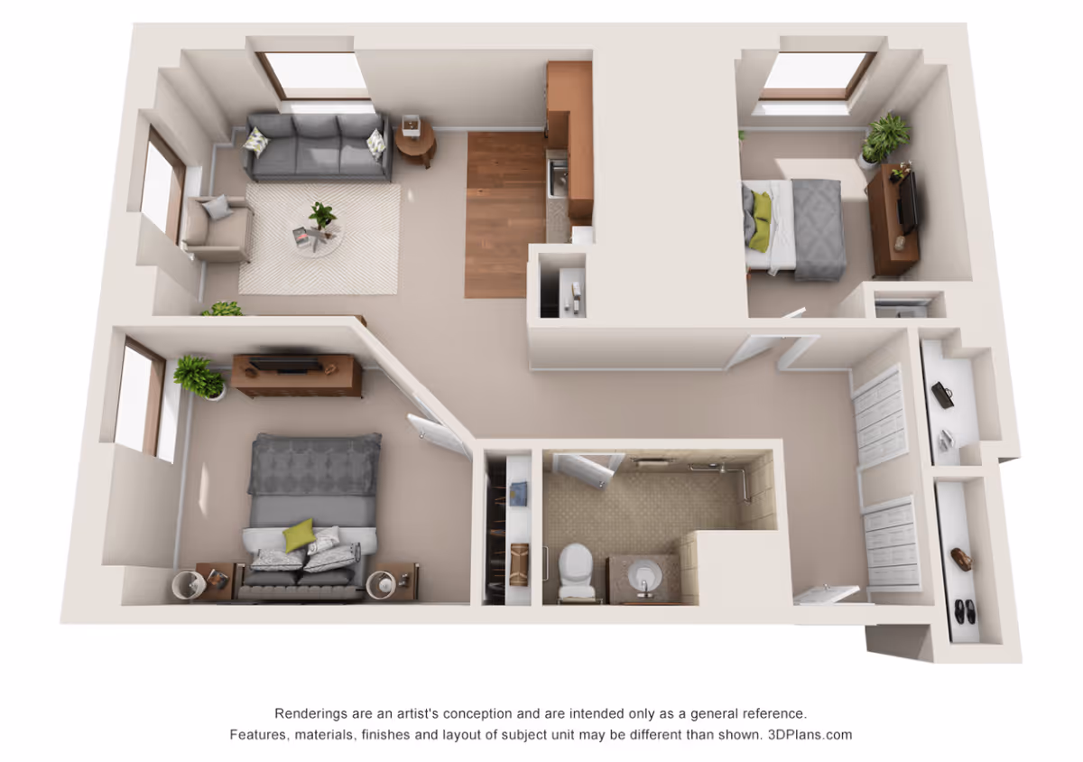 3D floor plan of a senior living unit at American House Grosse Pointe showing a living room with sofa and chair, a kitchen area, two bedrooms each with a bed and TV, and a bathroom with a toilet and sink.