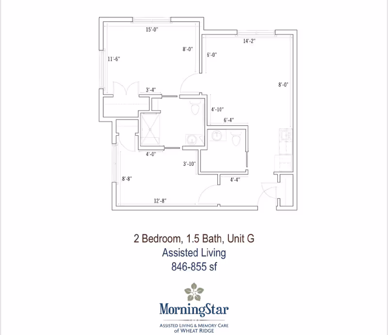 Architectural floor plan of a 2 bedroom, 1.5 bath assisted living unit labeled Unit G, with dimensions for each room and total area of 846-855 square feet. The plan includes living spaces, bathrooms, and kitchen area. The image also shows the MorningStar Assisted Living & Memory Care of Wheat Ridge logo and name.