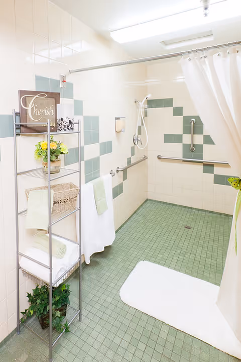 Accessible tiled shower room with grab bars, a shower curtain, shelving with towels and decor, and green floor tiles.