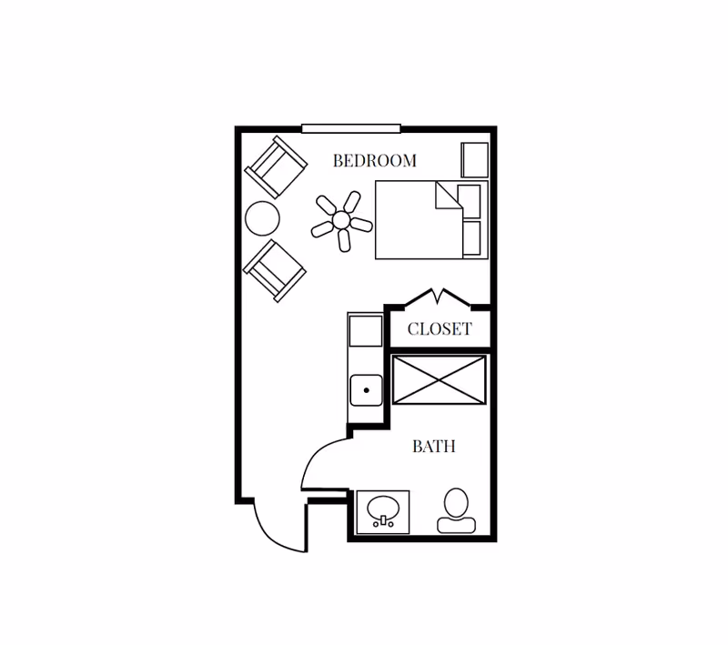 Floor plan of a small living space labeled Inspirations Of Pahrump, showing a bedroom area with a bed, two chairs, a round table, and a ceiling fan. There is a closet adjacent to a bathroom that includes a sink, toilet, and bathtub.