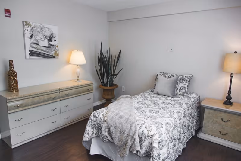 A neatly arranged bedroom with a single bed covered in a patterned bedspread and a gray throw blanket. There is a matching pillow and a smaller gray pillow on the bed. To the right of the bed is a nightstand with a lamp, and to the left is a dresser with a lamp, a decorative vase, and a framed picture hanging above it. A tall potted plant is placed in the corner between the dresser and the bed. The room has wooden flooring and light-colored walls.