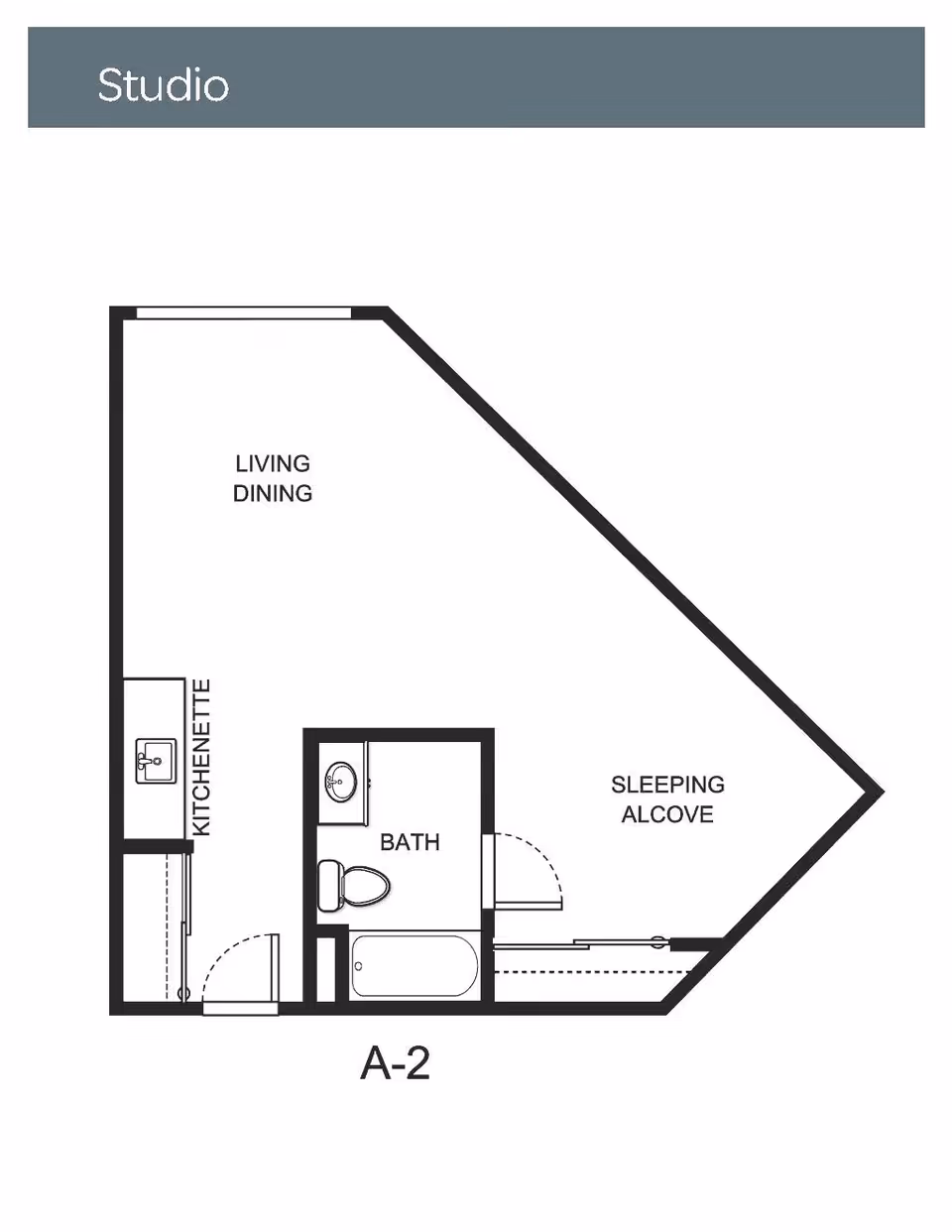 Floor plan of a studio apartment labeled A-2 showing a living and dining area, kitchenette, bath with toilet and bathtub, and a sleeping alcove.