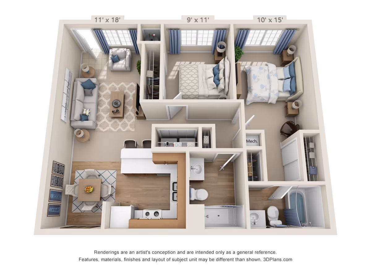 3D floor plan of a residential unit featuring a living room with sofa and armchair, a dining area with a table and four chairs, a kitchen with appliances and a breakfast bar with two stools, two bedrooms with beds and nightstands, a bathroom with a shower and a bathtub, closets, and a mechanical room.