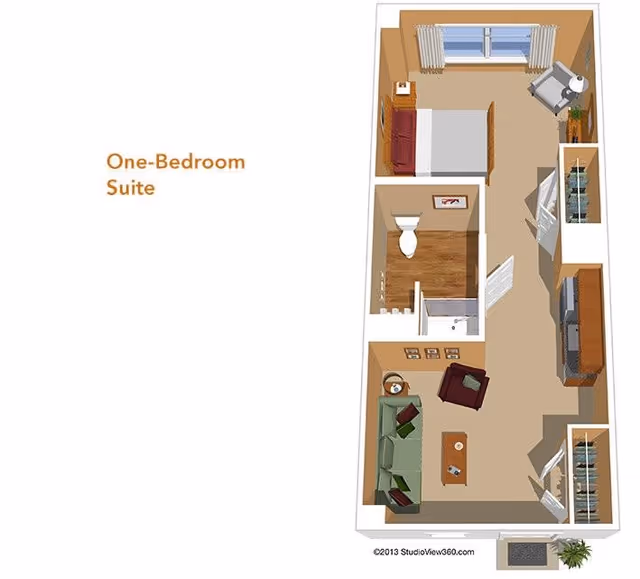 3D floor plan of a one-bedroom suite showing a bedroom with a bed, nightstand, and chair near a window; a bathroom with a toilet and shower; and a living area with a sofa, armchair, coffee table, and TV unit.