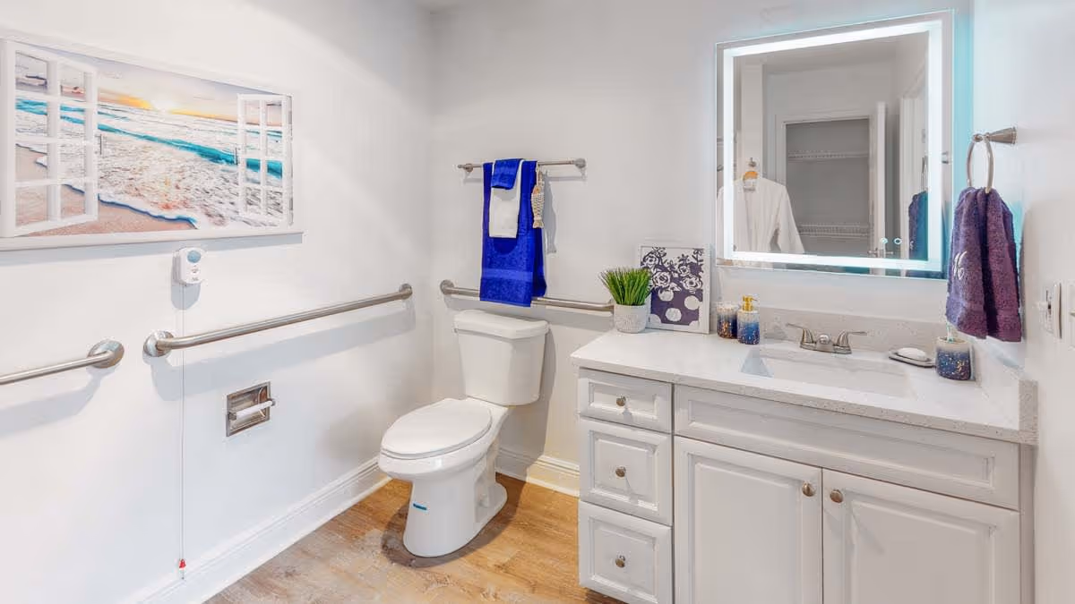 A clean, modern bathroom with white walls and wood flooring. The bathroom features a white toilet with grab bars on the walls for support, a white vanity with drawers and a sink, and a large illuminated mirror above the sink. Blue and white towels hang on towel racks, and a framed picture of a beach scene is mounted on the wall. A small potted plant and soap dispensers are placed on the vanity countertop.