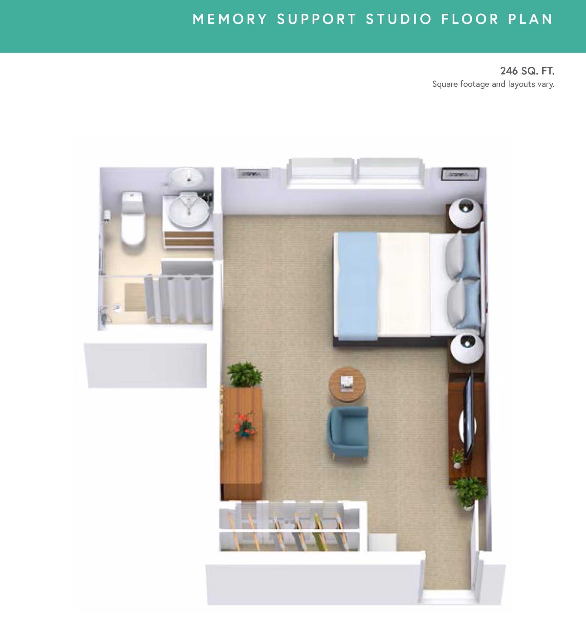 Floor plan of a memory support studio apartment showing a combined bedroom and living area with a bed, armchair, side table, TV on a stand, dresser with plants, and a closet. There is a separate bathroom with a toilet, sink, and shower. The total area is 246 square feet.