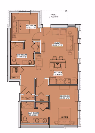 Architectural floor plan of a residential unit at The Summit of Blue Ash showing two bedrooms each with a queen bed, two bathrooms, a kitchen, living area, closets, and a patio.