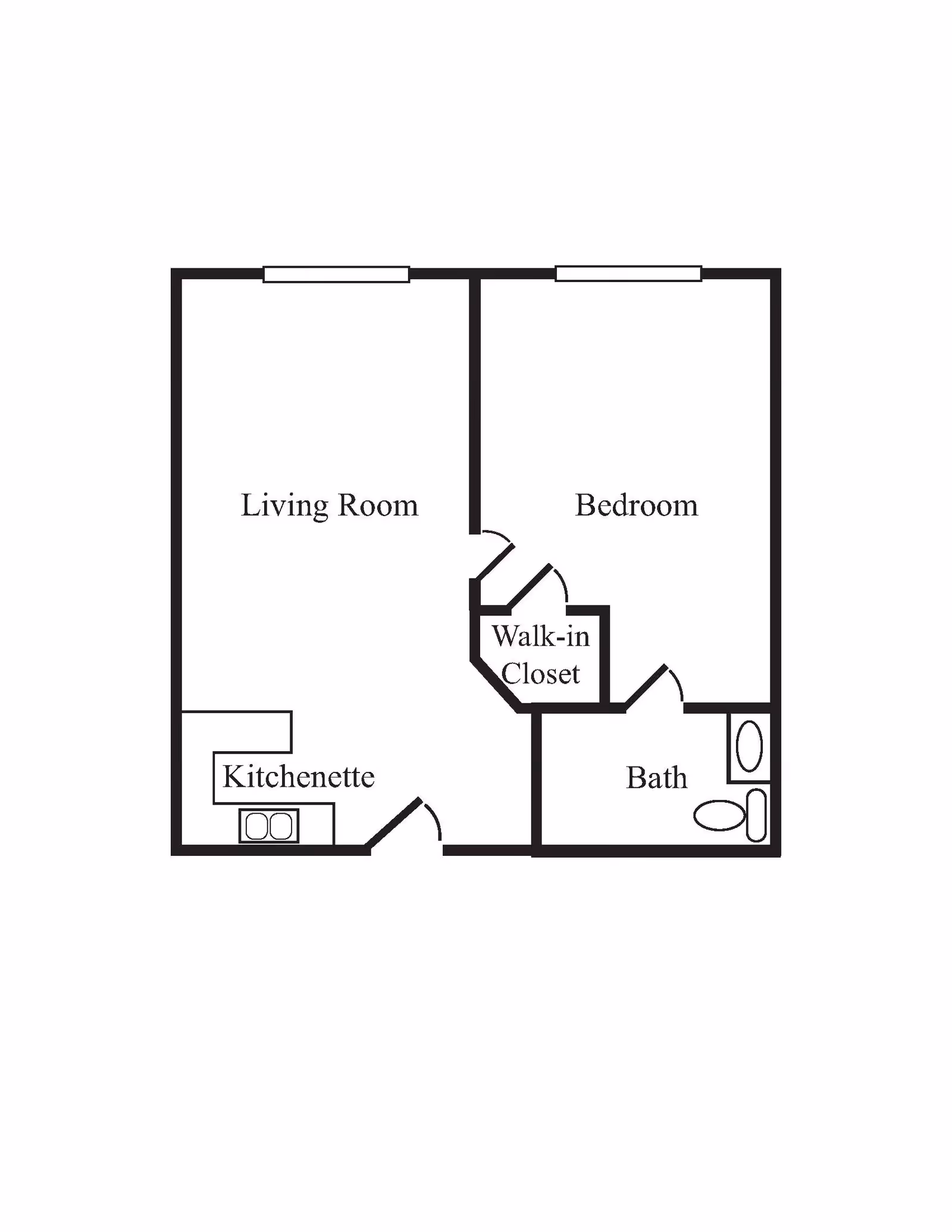 Floor plan of a one-bedroom apartment with labeled areas including a living room, bedroom, walk-in closet, bath, and kitchenette.