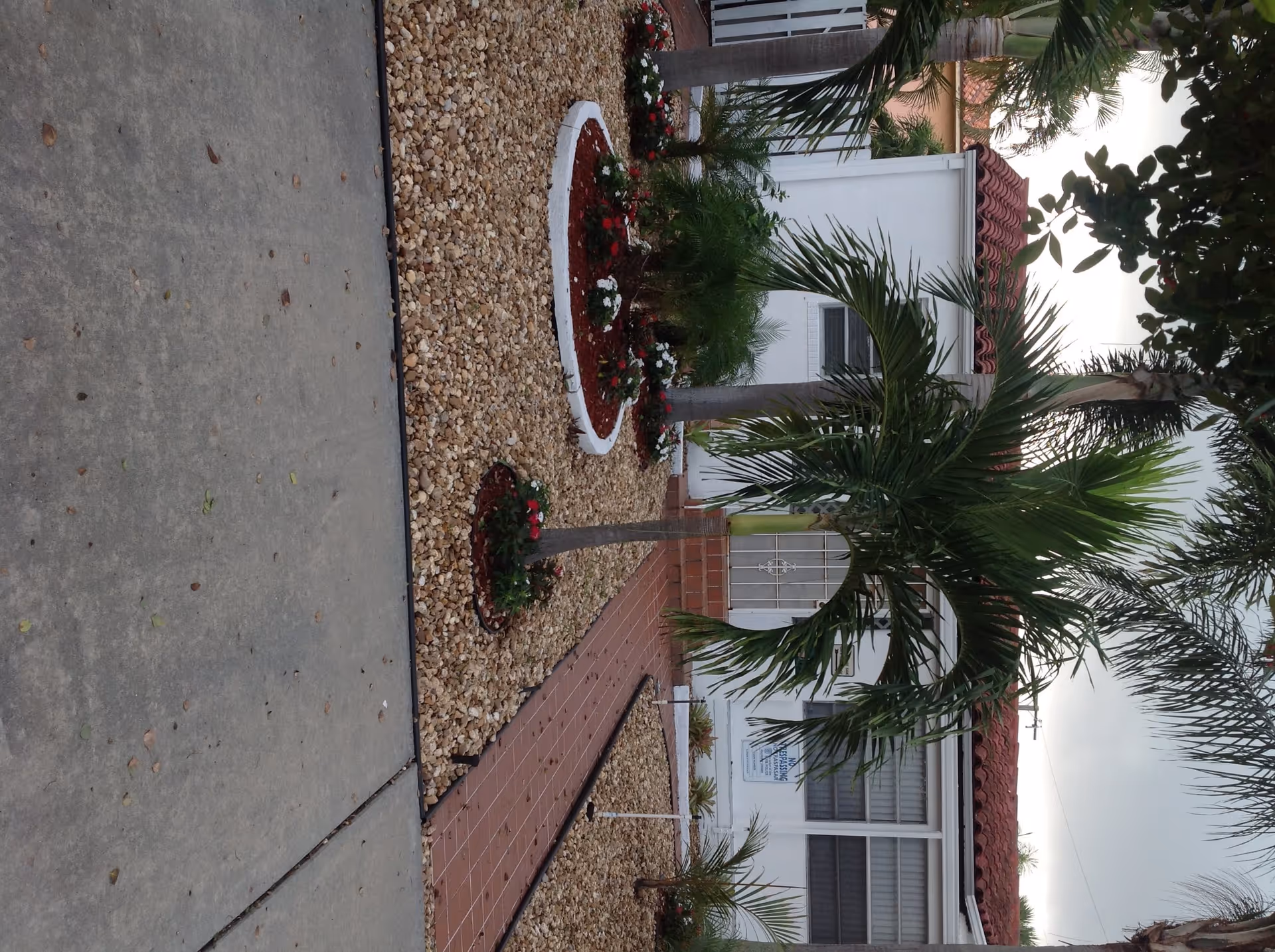 Front entrance of a white building with a red tile roof, palm trees, and landscaped gravel beds flanking a brick walkway.