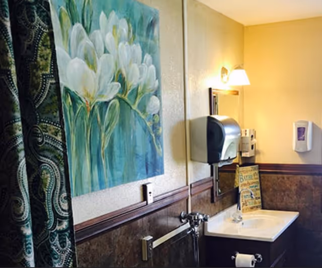 Interior view of a bathroom with a sink, mirror, wall-mounted soap dispenser, paper towel dispenser, and a floral painting on the wall. There is a patterned shower curtain partially visible on the left side.