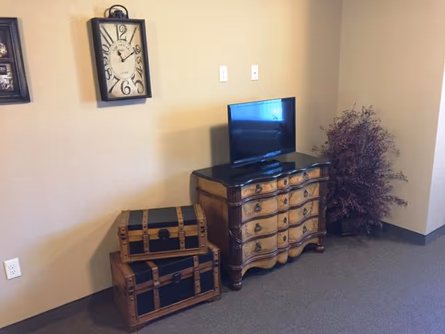 A corner of a room with a decorative wooden dresser holding a small flat-screen TV, two stacked vintage-style wooden chests, a wall clock with large numbers, and a potted plant with purple foliage against beige walls and carpeted floor.