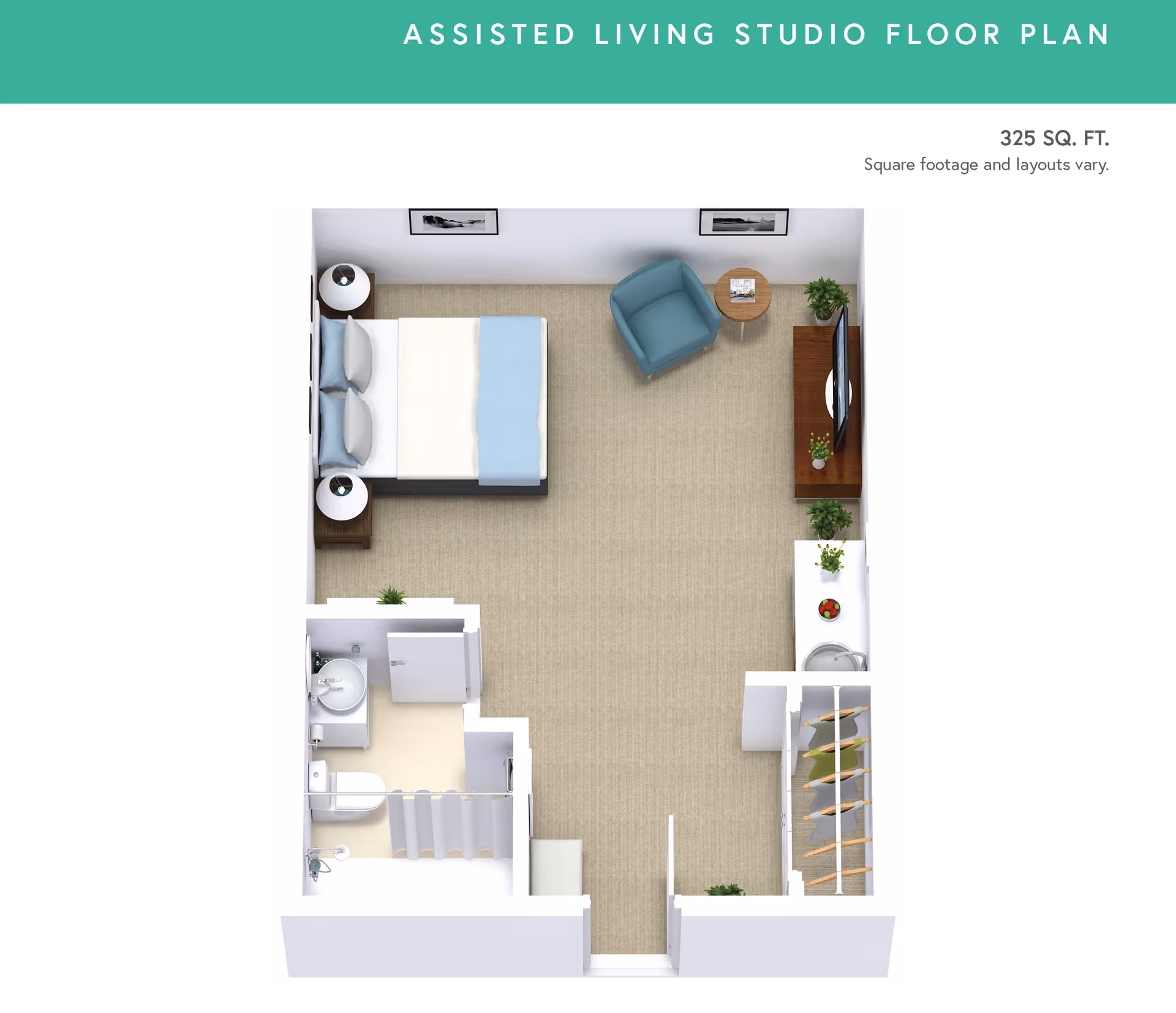 Top-down view of an assisted living studio floor plan showing a 325 square feet layout with a bed, two nightstands with lamps, a blue armchair, a round side table, a TV on a wooden stand, a kitchenette with a sink and counter space, a closet with hanging clothes, and a bathroom with a sink, toilet, and shower.