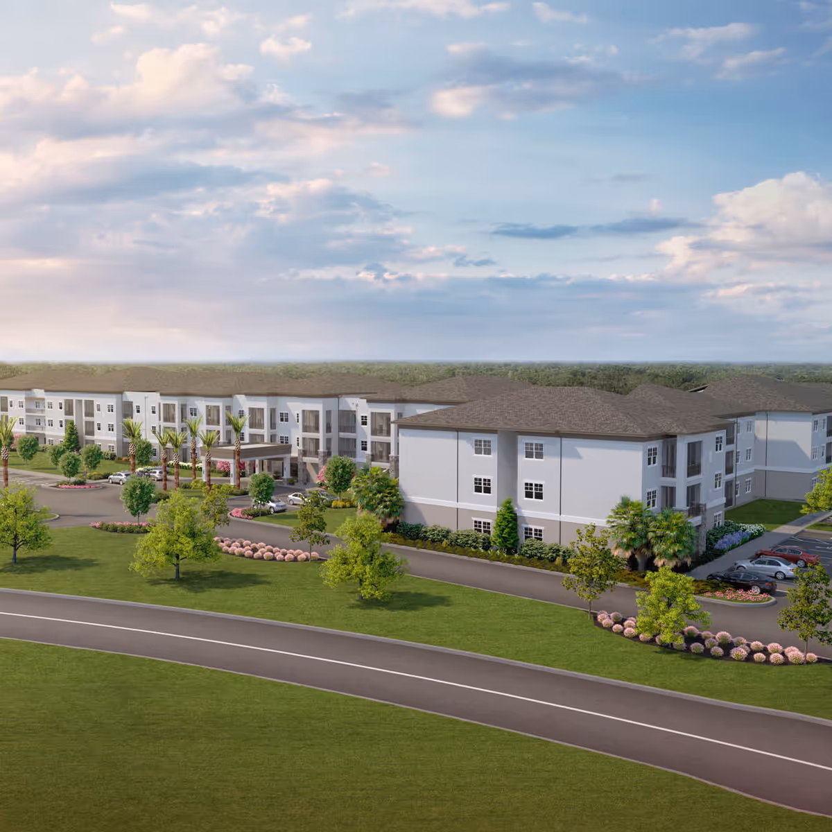 Exterior view of a large, modern senior living facility named Highpoint at Stonecrest, featuring a three-story building with multiple windows, a covered entrance with palm trees, landscaped gardens, and a parking area with cars. The sky is partly cloudy.