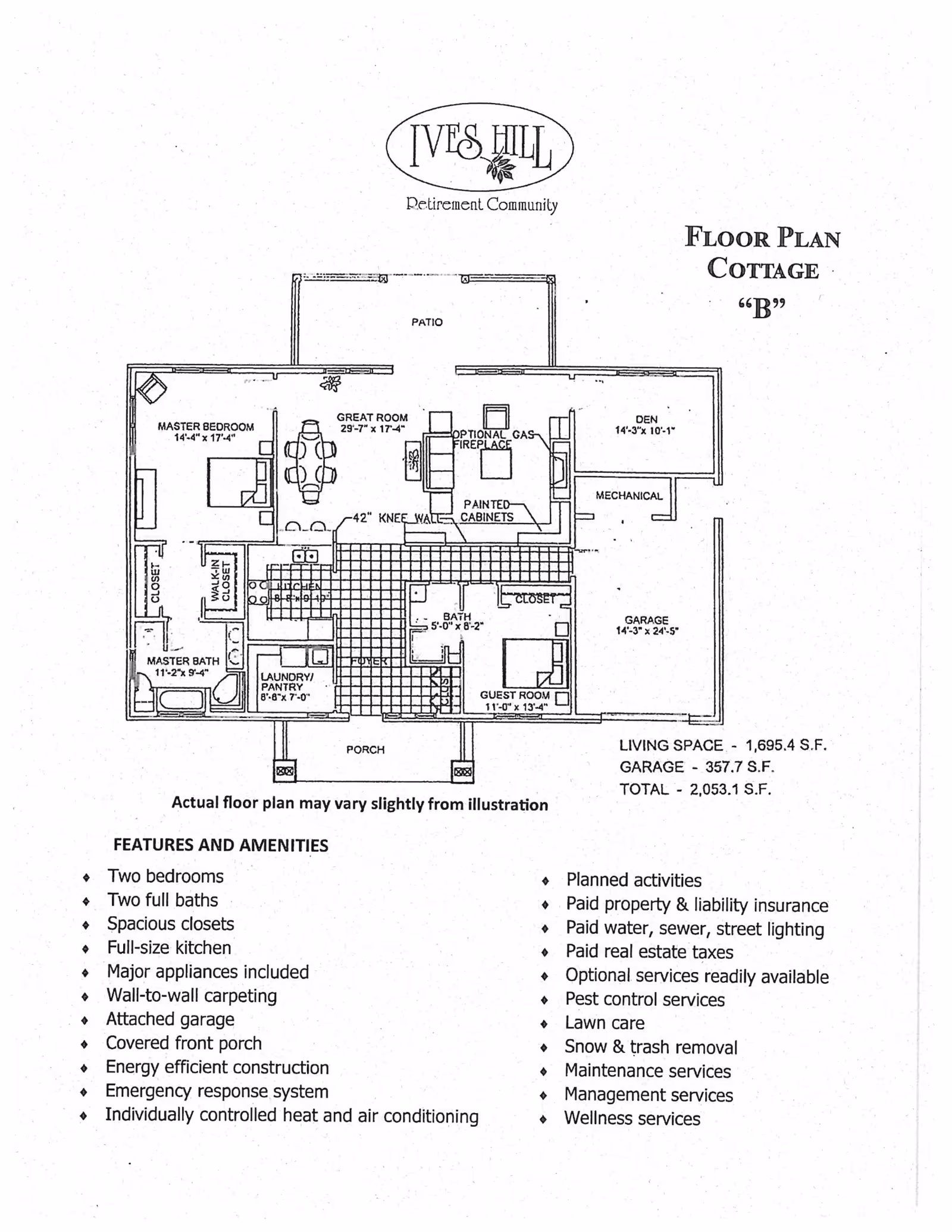 Floor plan illustration of a cottage labeled 'B' at Ives Hill Retirement Community, showing layout with master bedroom, guest room, great room, den, kitchen, bathrooms, laundry/pantry, porch, patio, and attached garage. Features and amenities are listed below the floor plan.