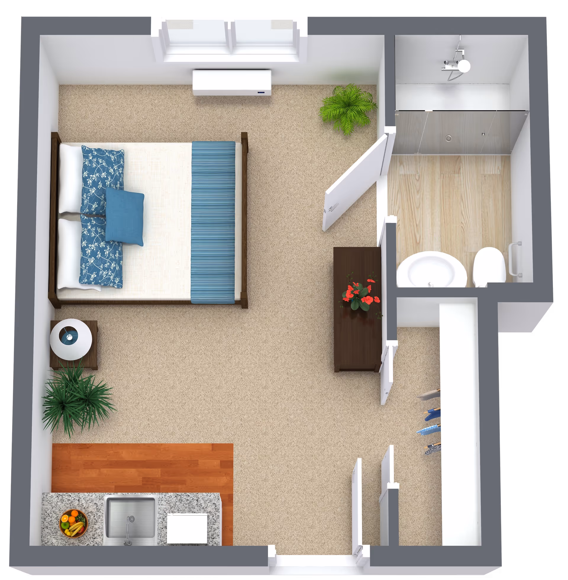 Top-down view of a small studio apartment layout featuring a bed with blue and white bedding, a nightstand with a lamp and plant, a dresser with a red flower pot, a kitchenette with a sink and fruit bowl, a closet with hanging clothes, and a bathroom with a shower, sink, and toilet.