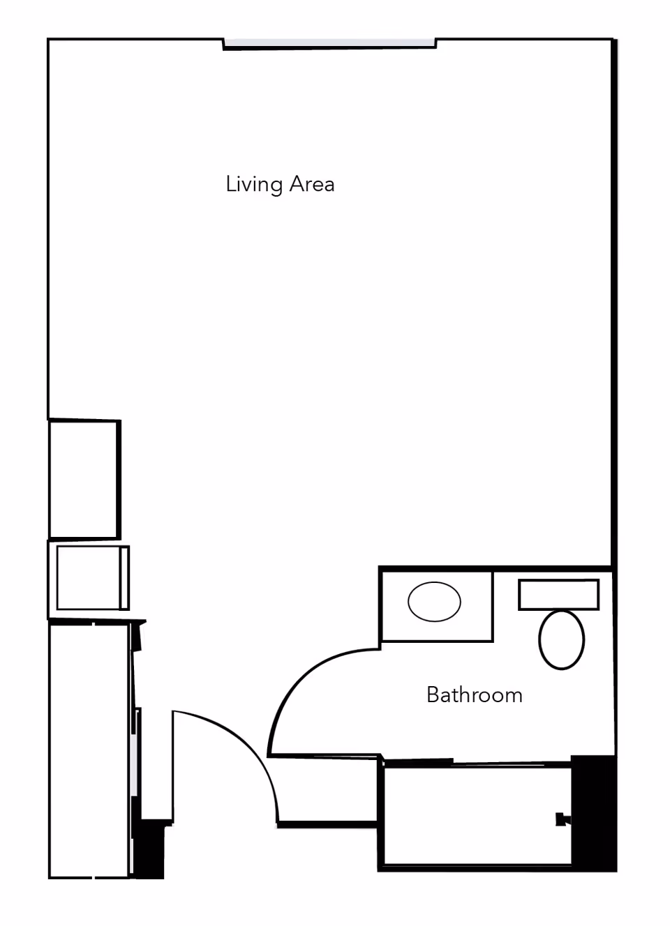 Floor plan layout showing a living area and a bathroom with a sink and toilet. The entrance door opens into the living area, and the bathroom is located on the right side of the layout.