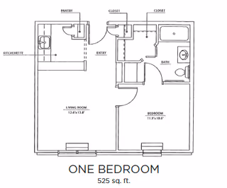Floor plan of a one-bedroom apartment with a total area of 525 square feet. The layout includes a living room measuring 12.6 by 13.8 feet, a bedroom measuring 11.9 by 10.6 feet, a bathroom with a bathtub, toilet, and sink, two closets, an entry area, a pantry, and a kitchenette.