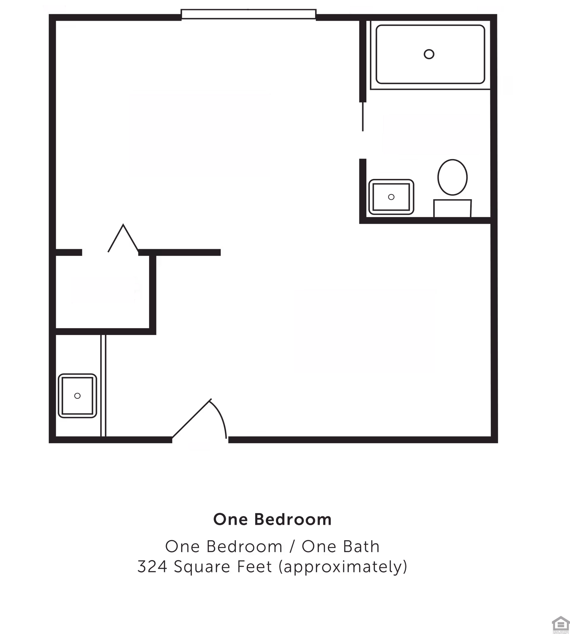 Black-and-white floor plan diagram of a one-bedroom, one-bath apartment showing room layout and fixtures.