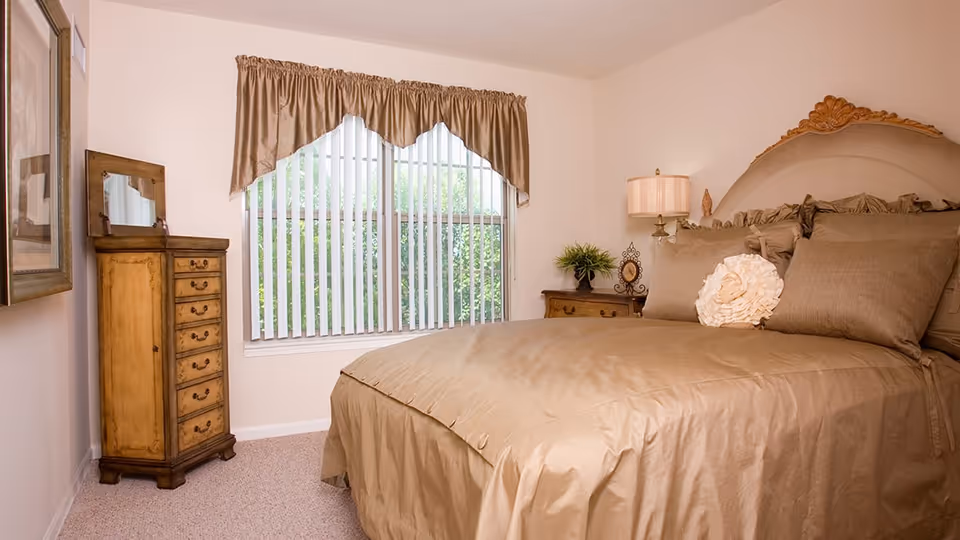A bedroom with a large bed covered in beige bedding and multiple pillows, including a decorative flower-shaped pillow. There is a wooden dresser with a mirror on the left side and a nightstand with a lamp and a small plant on the right side. A window with vertical blinds and a beige valance is centered on the back wall.