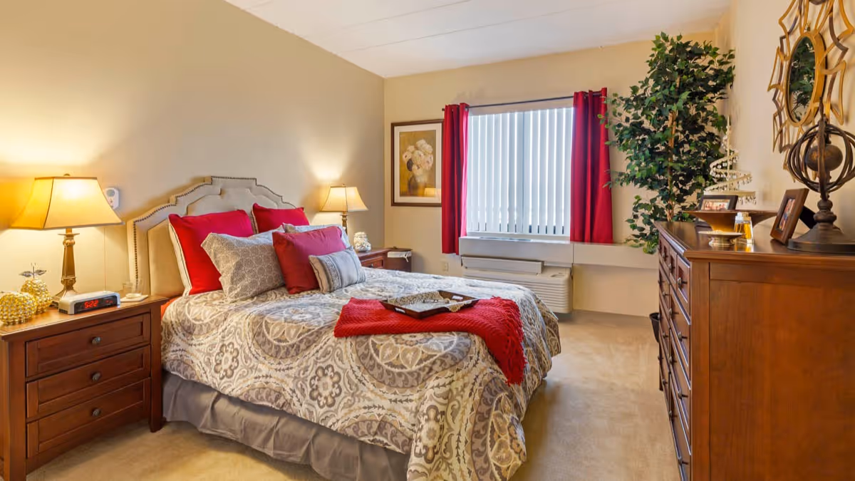 A cozy bedroom with a large bed featuring patterned bedding and multiple pillows in shades of red and gray. There are two wooden nightstands on either side of the bed, each with a lamp. A window with red curtains and vertical blinds is on the far wall. A wooden dresser with decorative items and a large green plant are on the right side of the room. The walls are painted beige and the carpet is light-colored.