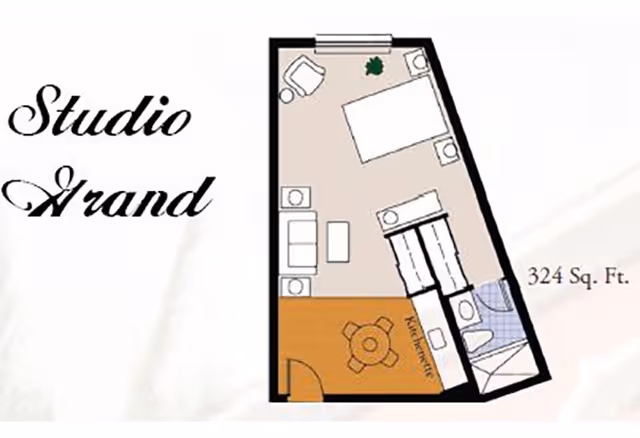 Floor plan of a studio apartment labeled 'Studio Arand' with a total area of 324 square feet. The layout includes a combined living and sleeping area with a bed, chair, small table, and kitchenette with a dining table. There is also a bathroom with a shower, toilet, and sink.