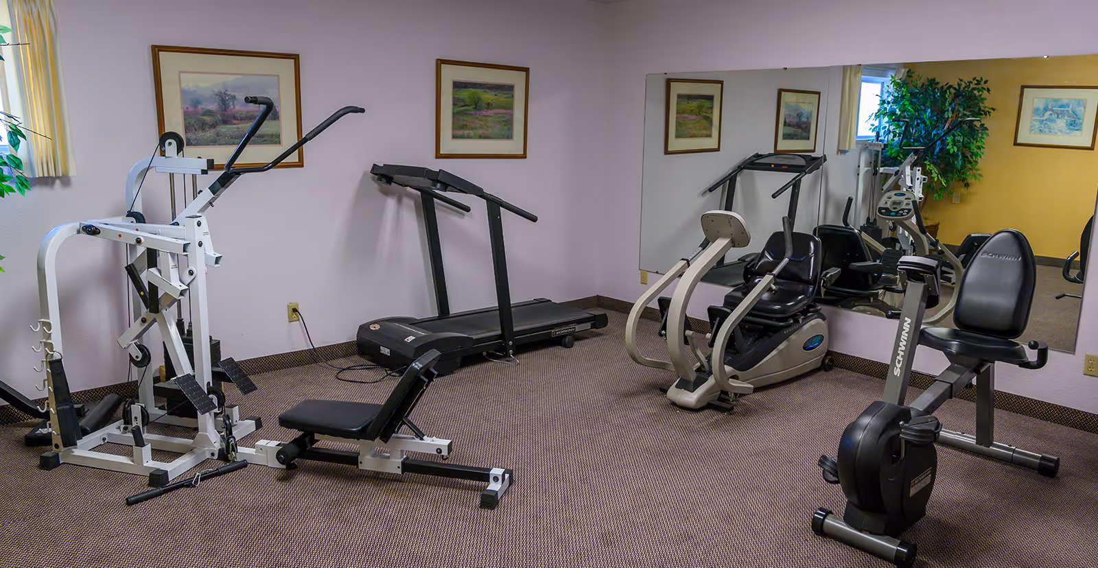A small fitness room with various exercise equipment including a multi-gym machine, treadmill, recumbent bike, and an upright stationary bike. The room has carpeted flooring, light-colored walls, framed landscape pictures, a large wall mirror, and a potted plant in the corner.