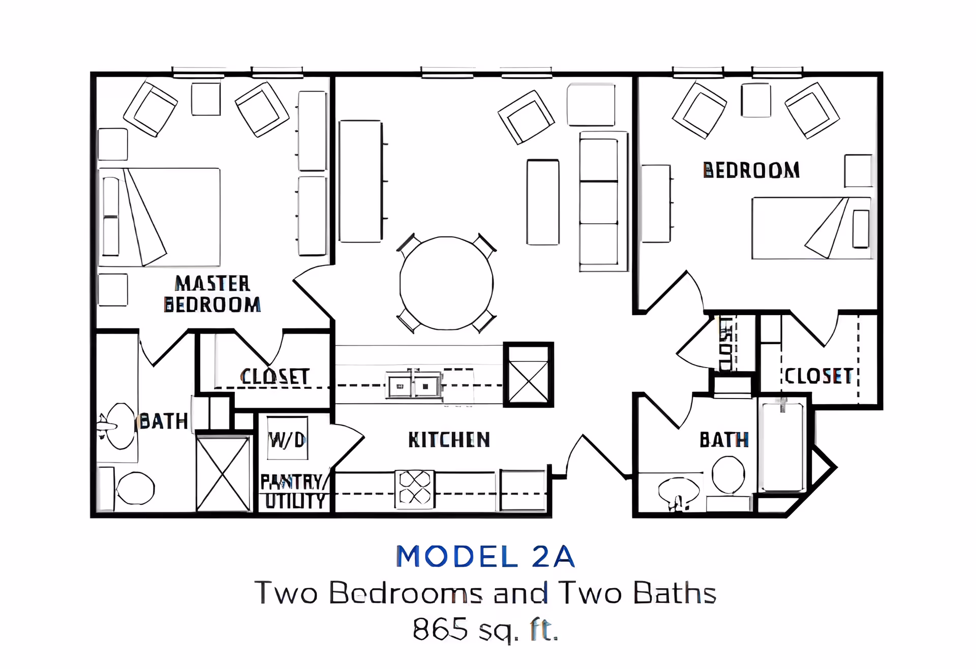 Floor plan of Model 2A at The Forum at Park Lane showing two bedrooms and two bathrooms with a total area of 865 square feet. The layout includes a master bedroom with an attached bath and closet, a second bedroom with a closet, a second bath, a kitchen with pantry/utility and washer/dryer area, and a living/dining area with seating and a round dining table.
