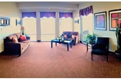 A bright living room area with large windows covered by purple valances. The room features two brown sofas, a black armchair, a black coffee table with a plant on it, and framed artwork on the walls. There is a potted plant near the window and the floor is carpeted in a reddish pattern.