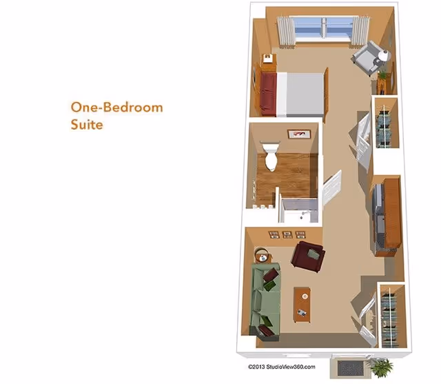 3D floor plan of a one-bedroom suite showing a bedroom with a bed and chair, a bathroom with a toilet and shower, and a living area with a sofa, armchair, coffee table, and TV. There are closets near the entrance and bedroom.
