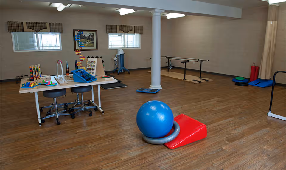 A spacious interior therapy/exercise room with a blue exercise ball, balance equipment, a table with therapy tools, stools, and parallel bars on a wood floor.