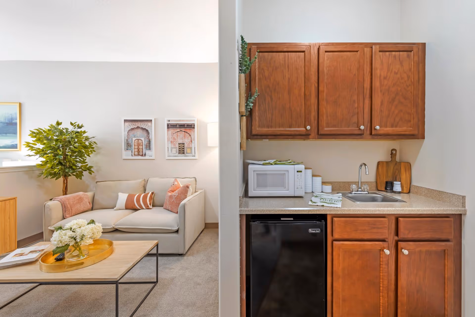 Small kitchenette with wooden cabinets, sink, microwave and mini fridge adjacent to a cozy living area with a sofa, coffee table and potted plant.