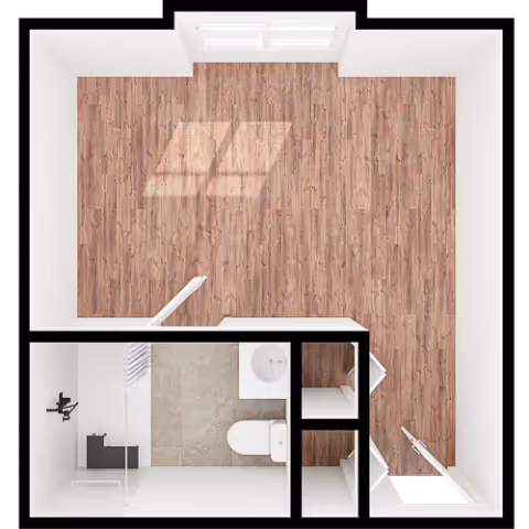 Top-down view of a small apartment floor plan with a main room featuring wood flooring and two windows. The lower section includes a bathroom with a shower, toilet, and sink, and a small entryway area with a door.