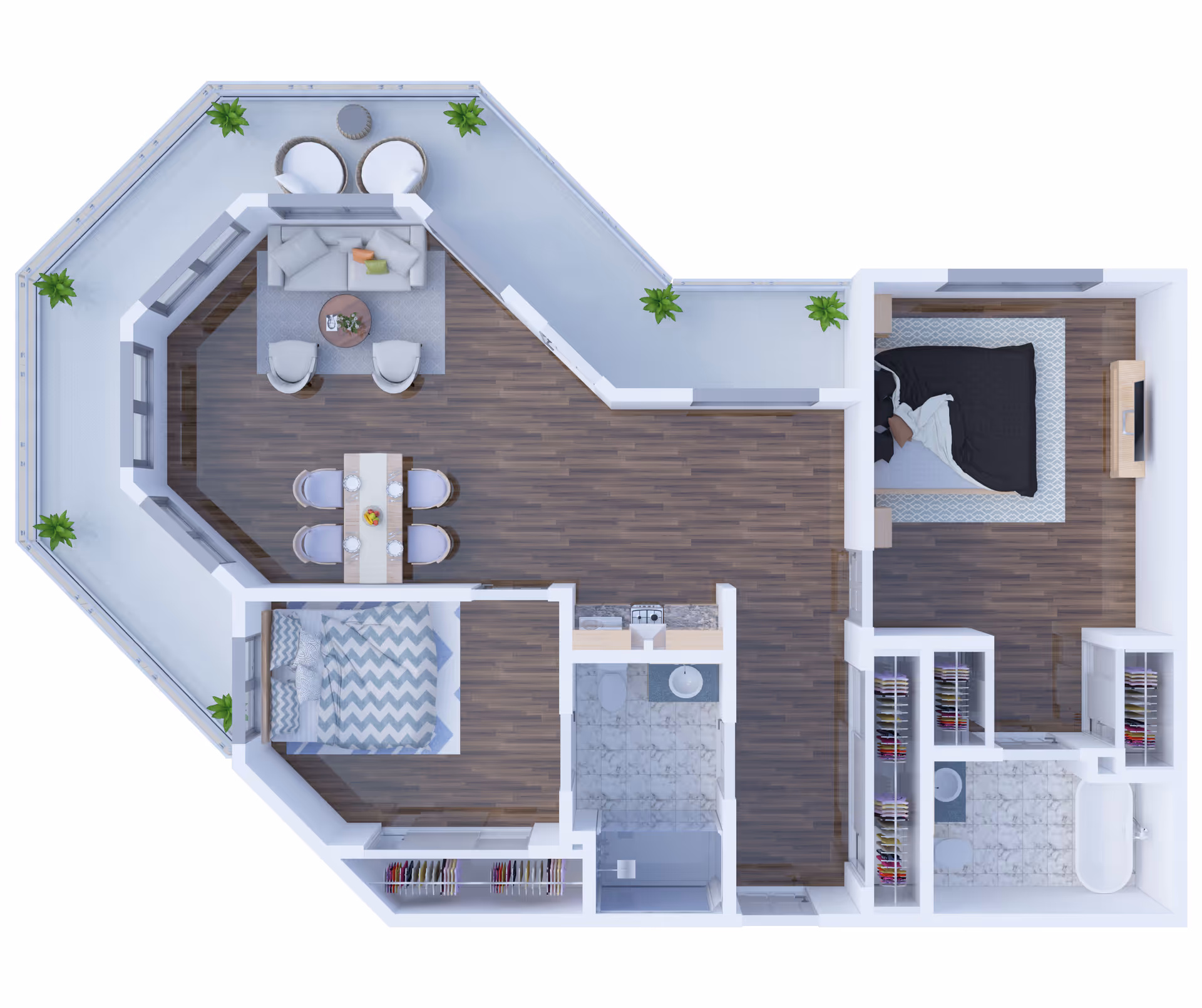 Top-down 3D floor plan of a senior living apartment featuring a living room with seating and a dining table, two bedrooms, a kitchen area, and two bathrooms. The living room opens to a wrap-around balcony with outdoor seating and plants.