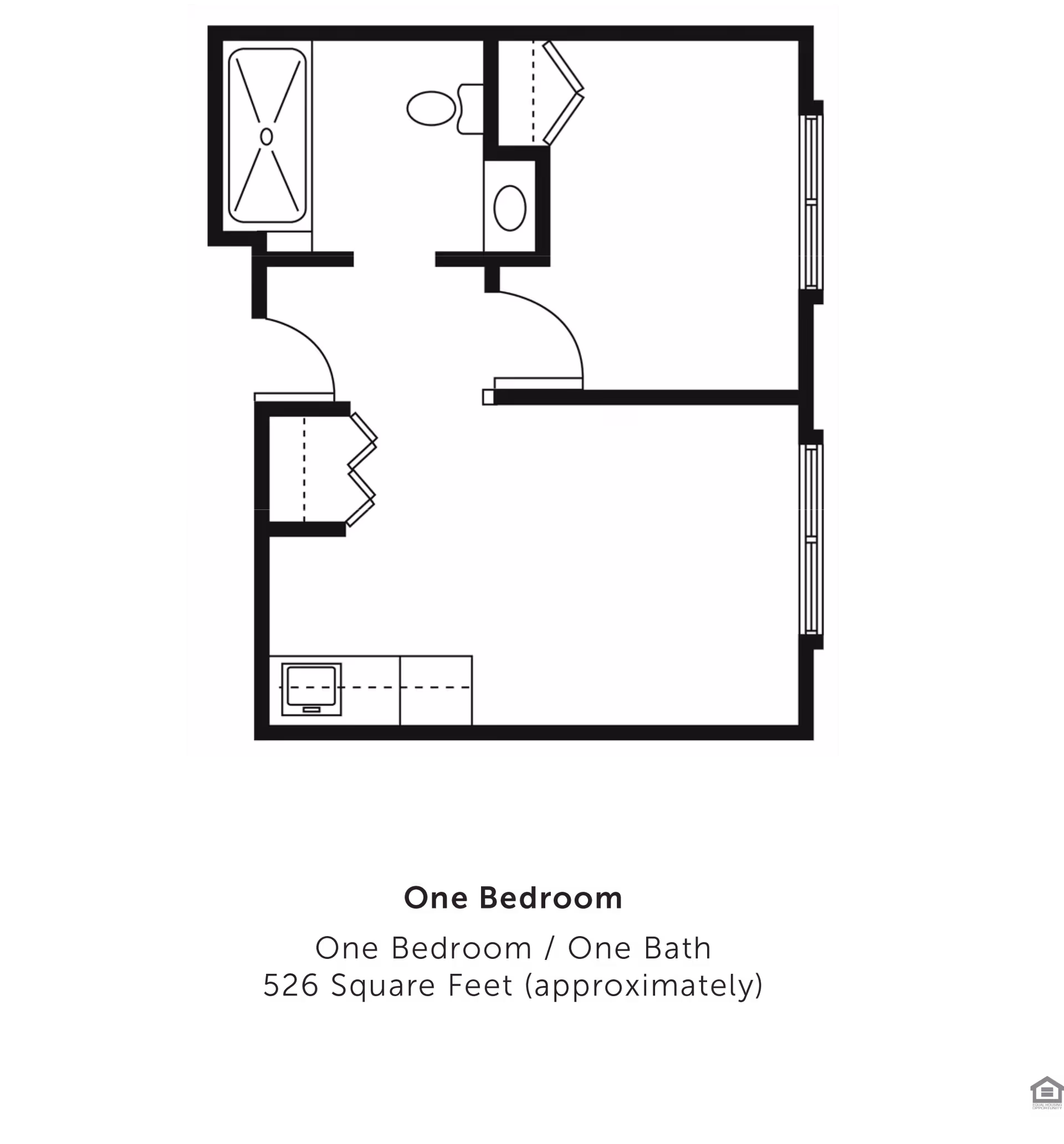 Black-and-white floor plan showing a one-bedroom, one-bath apartment layout.