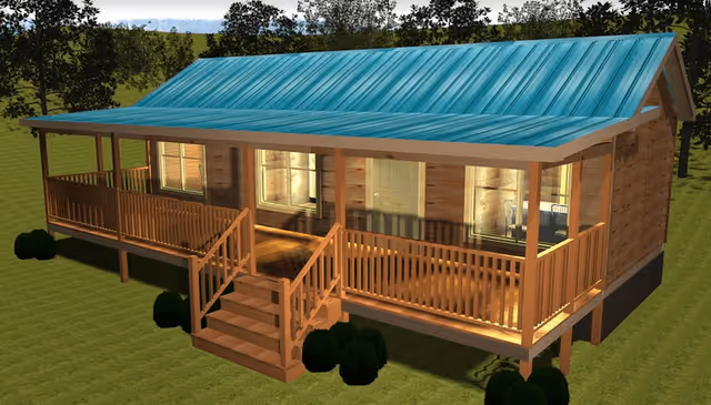Rendered front view of a small wooden cabin with a covered porch, stairs, and teal metal roof on a grassy lawn.