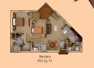 Floor plan of a senior living apartment named Bandera with 950 square feet, featuring two bedrooms, two bathrooms, a living room, a kitchen, and a dining area, along with a small balcony.