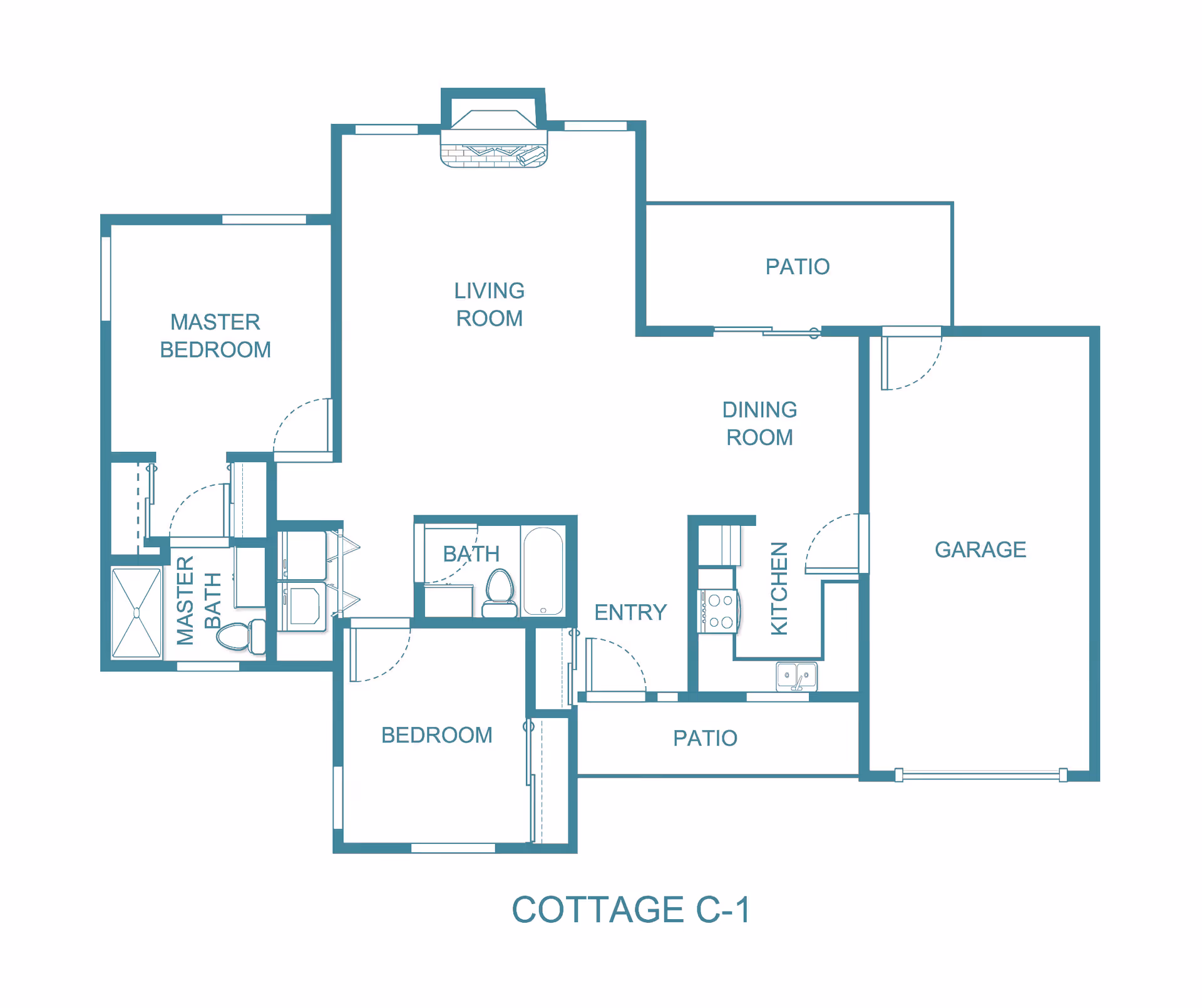 Architectural floor plan labeled Cottage C-1 showing layout with master bedroom, master bath, bedroom, bath, living room, dining room, kitchen, entry, two patios, and garage.
