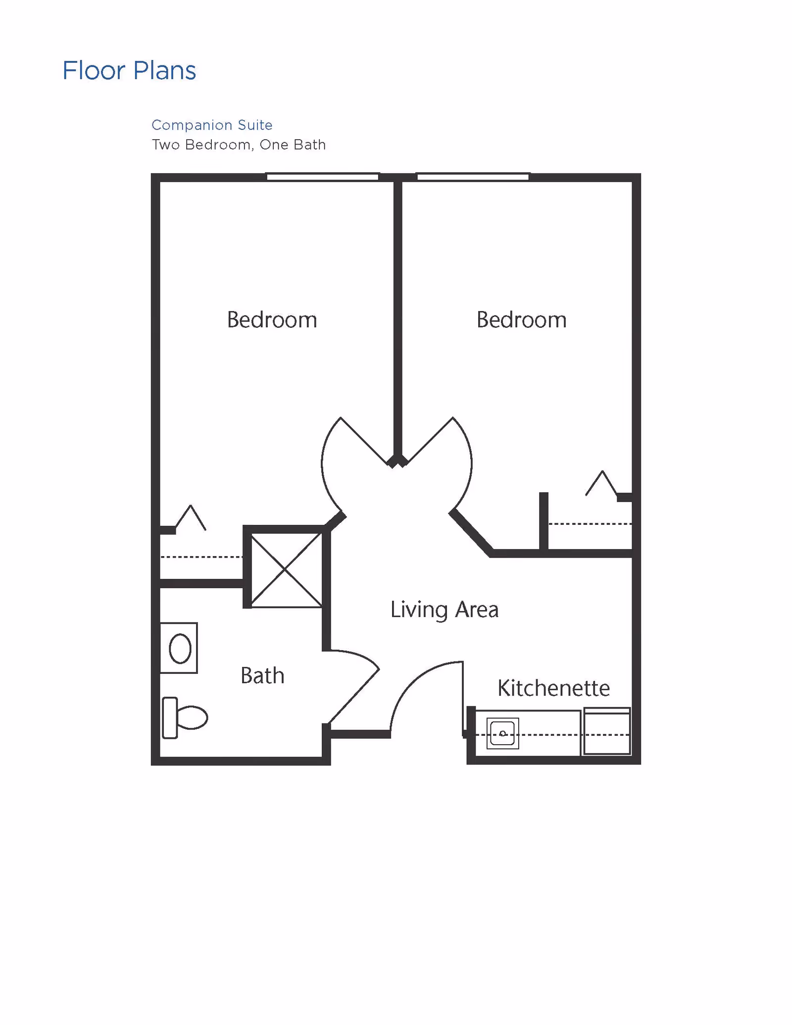 Floor plan of a companion suite with two bedrooms, one bathroom, a living area, and a kitchenette.