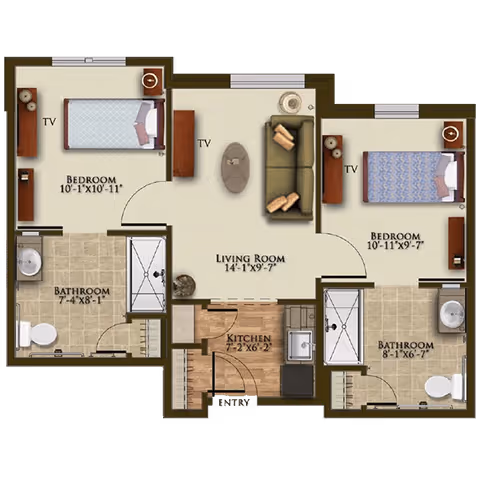 Floor plan of a two-bedroom apartment featuring a living room with a sofa and coffee table, a kitchen near the entry, two bathrooms each with a shower and toilet, and two bedrooms each with a bed, TV, and nightstands.