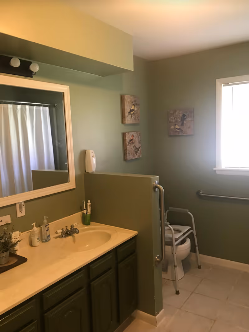 Accessible bathroom with a sink and vanity, mirror, shower curtain, grab bars, and a raised toilet with a commode frame.