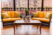 Bright seating area with two wicker sofas with yellow cushions and patterned throw pillows facing a wooden coffee table in front of large windows overlooking brick apartment buildings.