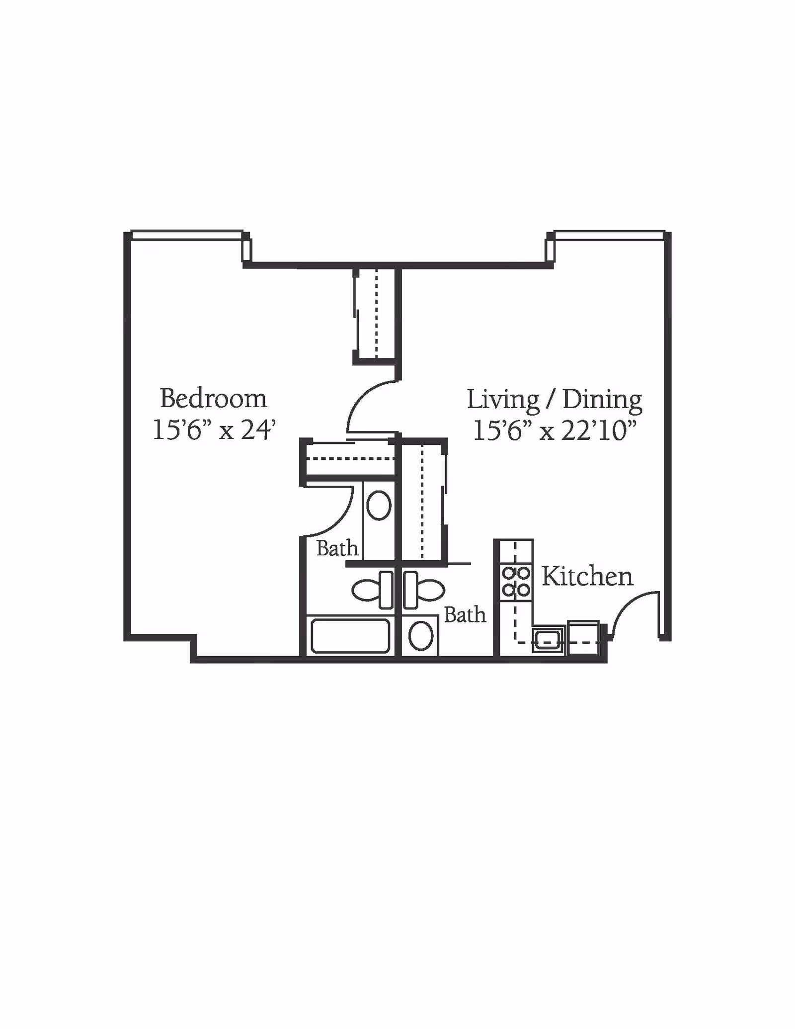 Floor plan layout showing a one-bedroom apartment with a bedroom measuring 15 feet 6 inches by 24 feet, a combined living and dining area measuring 15 feet 6 inches by 22 feet 10 inches, two bathrooms, and a kitchen area.